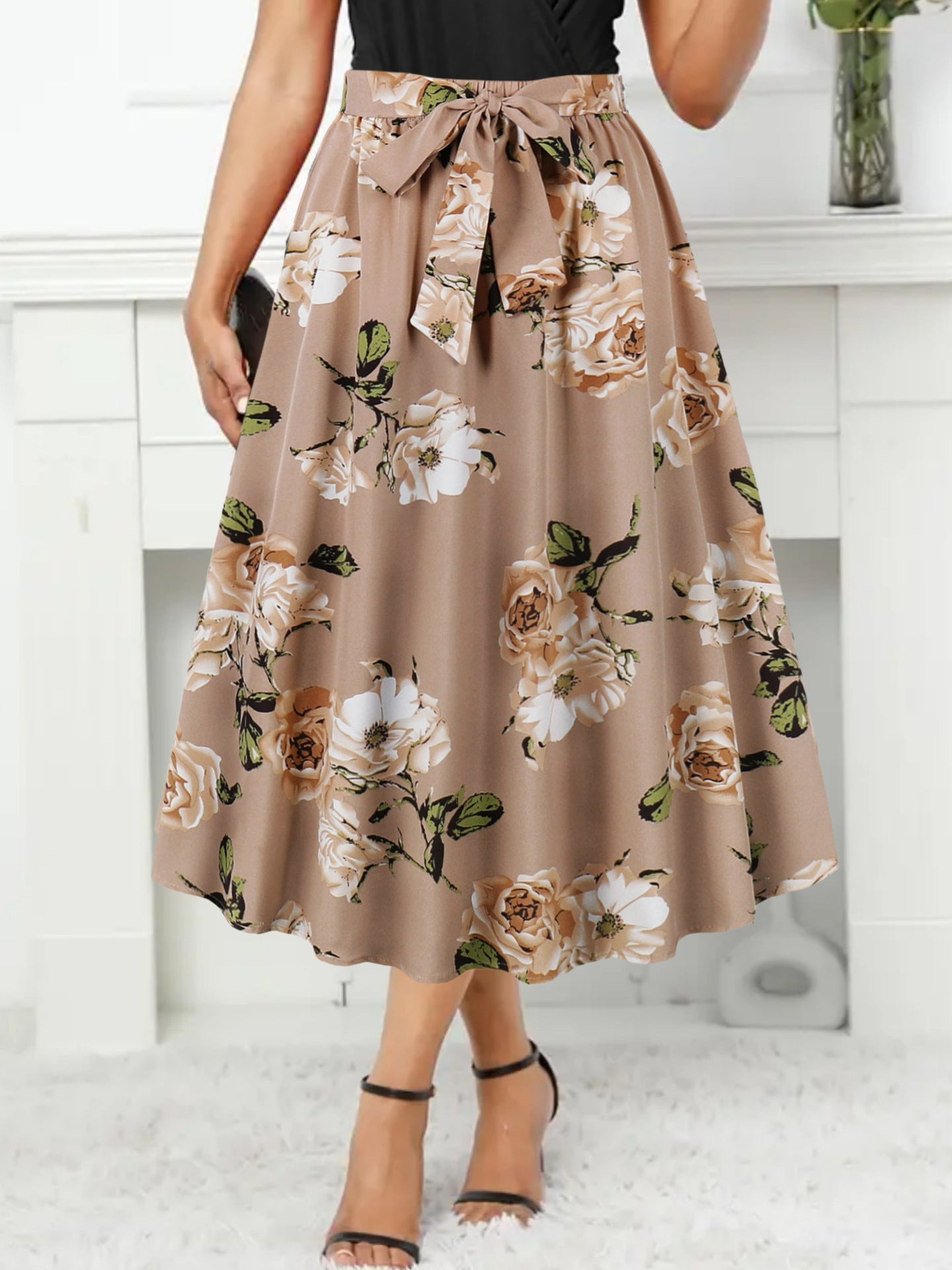 Damen Maxi-Rock mit floralem Muster und taillierter Schleife Sovae