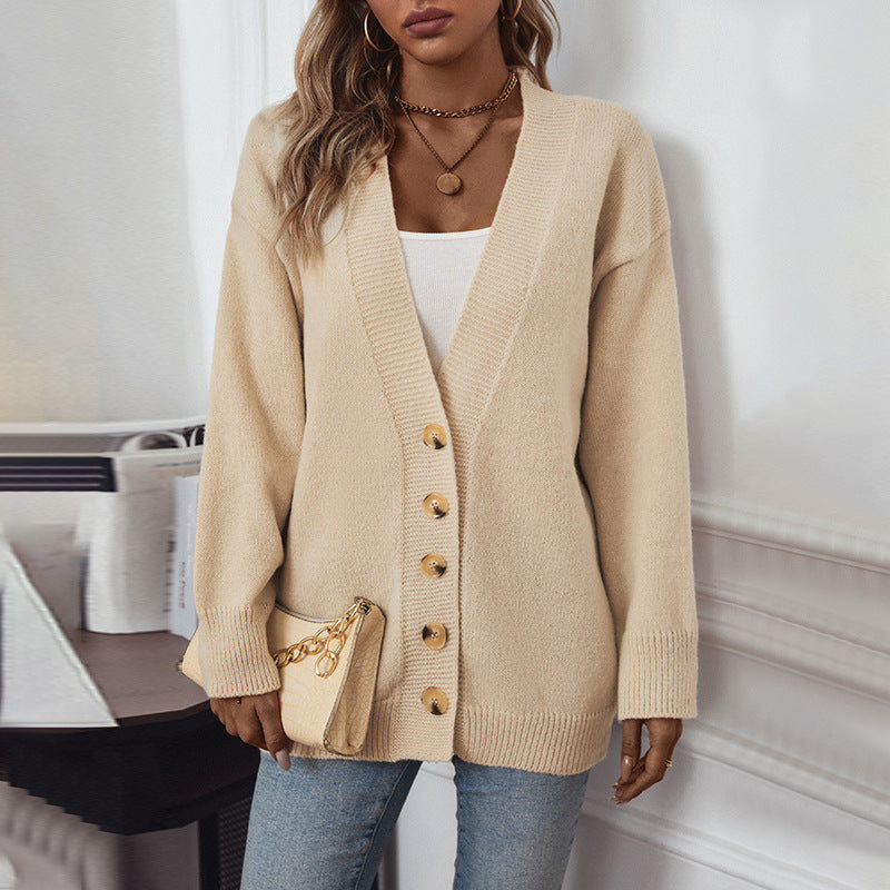 Damen gemütliche Strickjacke mit Knopfdetails und tiefem V-Ausschnitt Sovae
