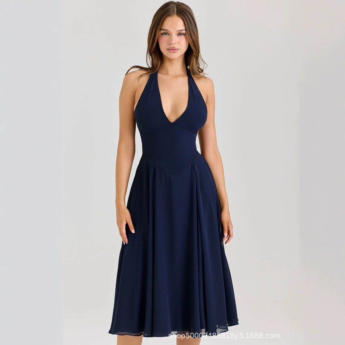 Damen schwingendes Midikleid mit V-Ausschnitt und elegantem Schnitt Sovae