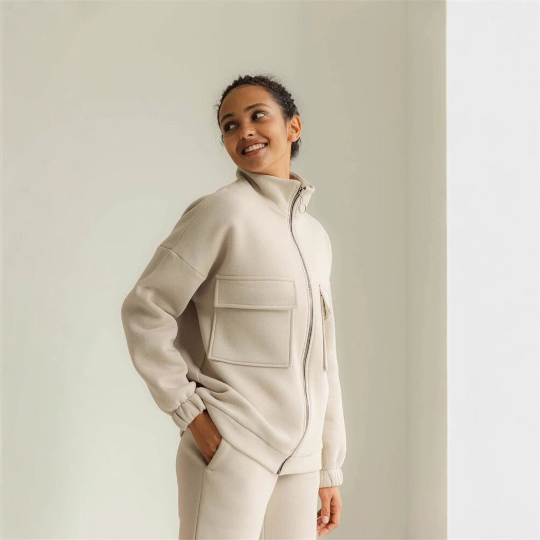 Damen sportlicher Fleece-Kapuzenpullover mit Reißverschluss und praktischen Taschen Sovae