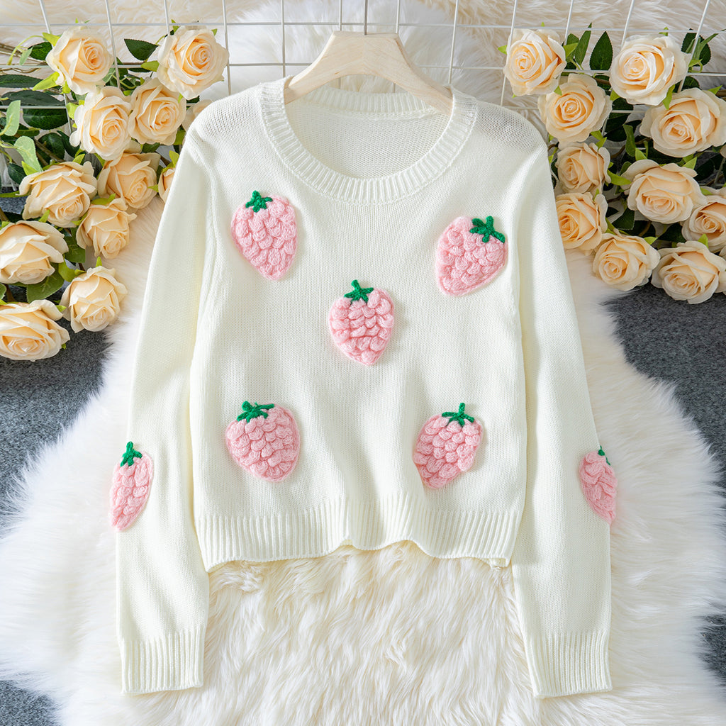 Damen Strickpullover mit Erdbeer-Applikationen und lässigem Schnitt Sovae