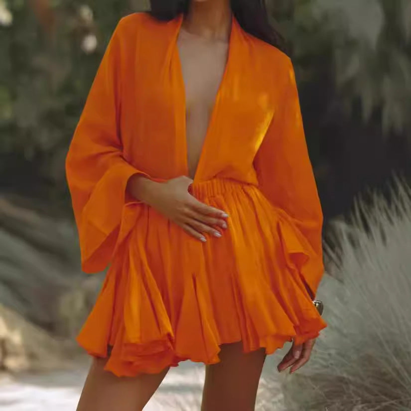 Damen Kurzarmkleid mit Leopardenmuster und fließendem Saum Sovae
