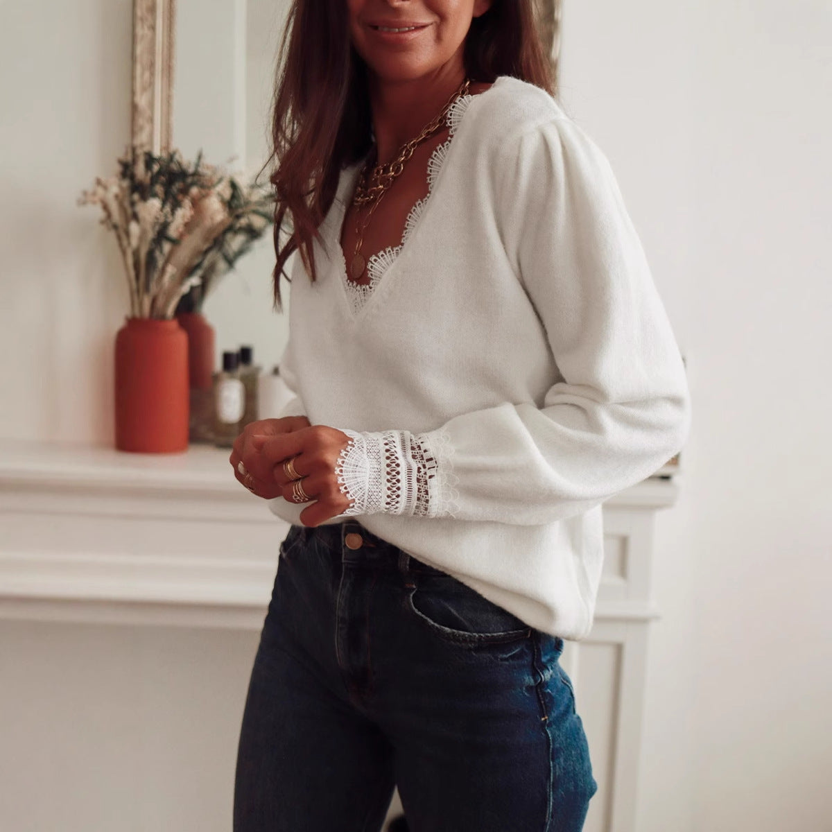 Damen Strickpullover mit Spitzenkragen und Puffärmeln Sovae