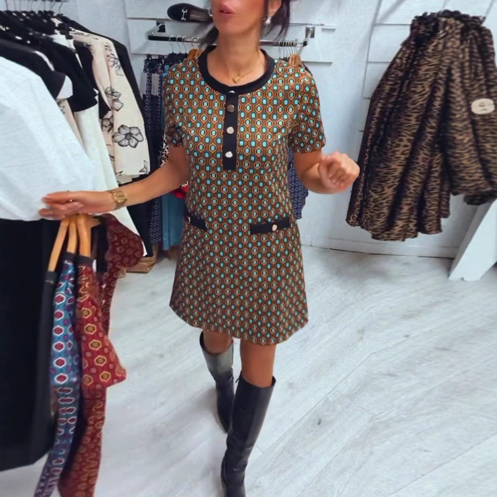 Damen modisches Kurzarmkleid mit Knopfleiste und Taschen Sovae