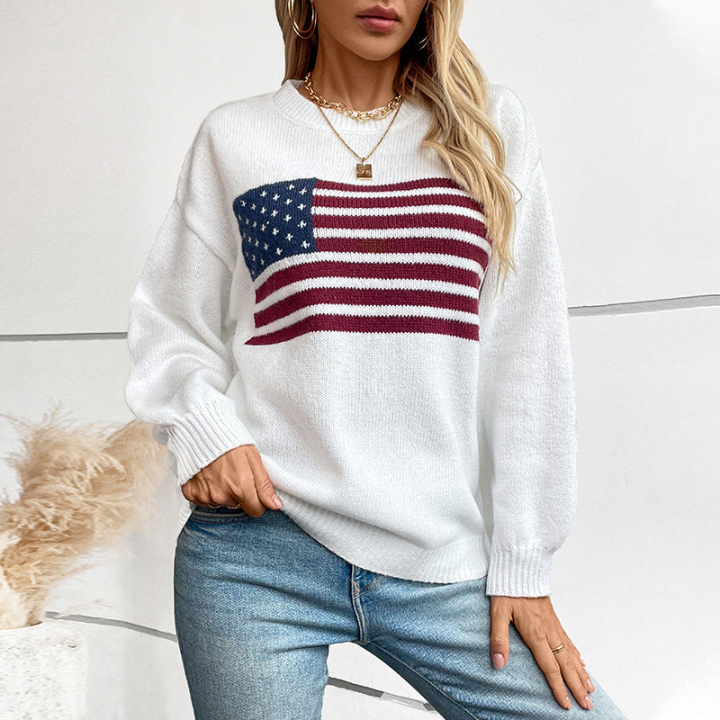 Damen Strickpullover mit Flaggenmotiv und Rundhalsausschnitt Sovae