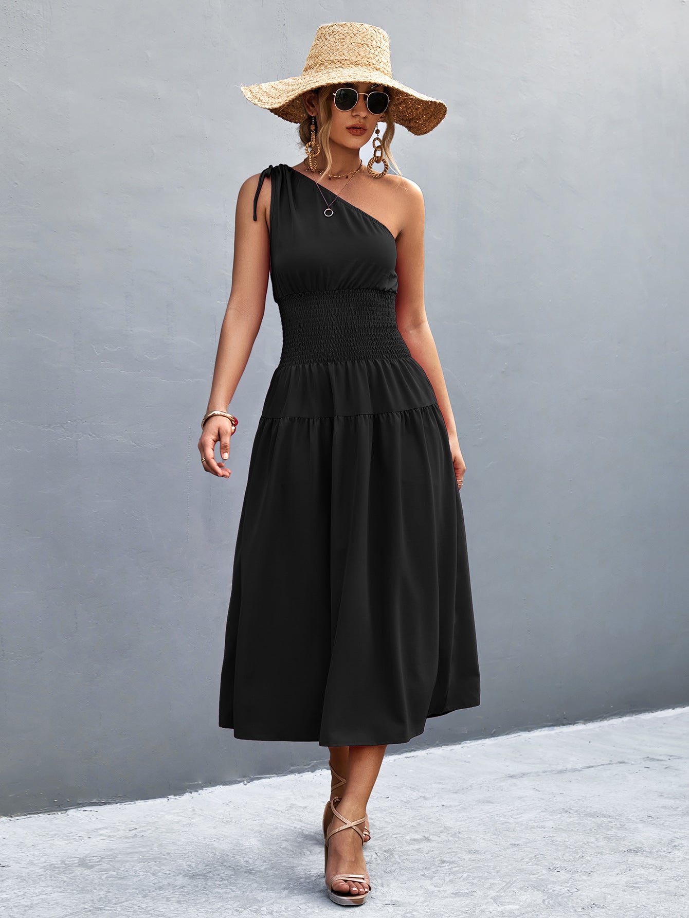 Damen Midikleid mit schnörkellosem Ein-Schulter-Design und elastischem Taillenband Sovae