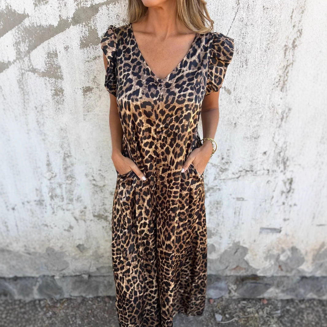 Damen lässiger Jumpsuit mit tierischem Druck und Taschen Sovae