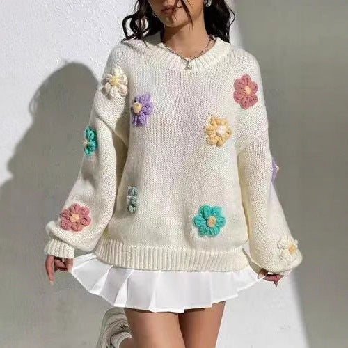 Damen blumengestickter Oversized-Pullover Sovae