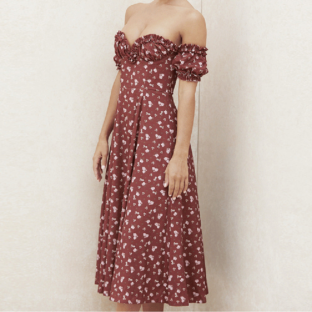 Damen romantisches Midikleid mit Rüschendetails und floralen Druck Sovae