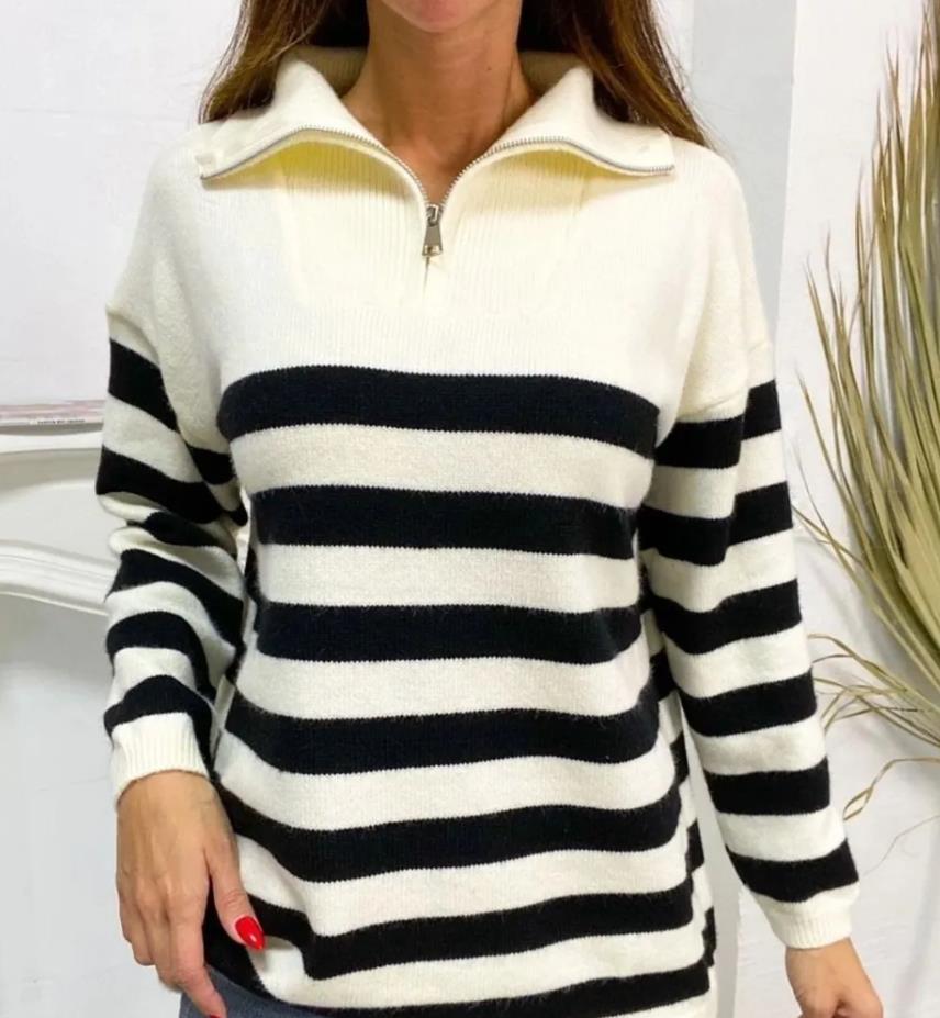 Damen gemusterter Pullover mit Stehkragen und Reißverschluss Sovae