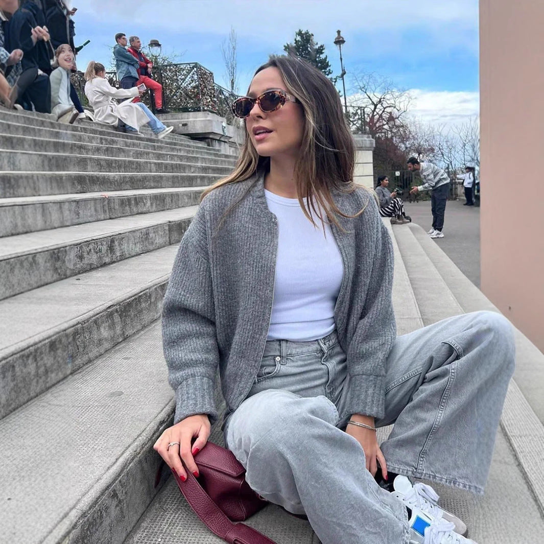Damen modische Strickjacke mit hohem Kragen und Reißverschluss Sovae