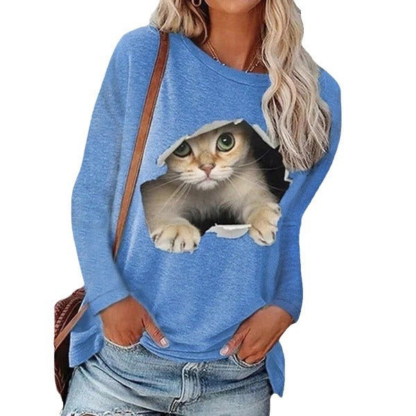 Damen Sweatshirt mit künstlerischem Katzenmotiv Sovae