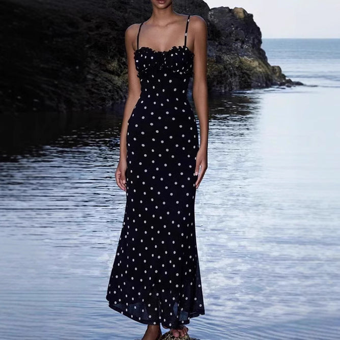Damen Maxikleid mit Rüschendetails und Polka-Dots Sovae