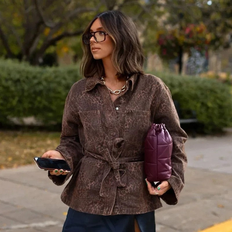 Damen Utility-Jacke mit animalischem Muster und taillierbarem Gürtel Sovae