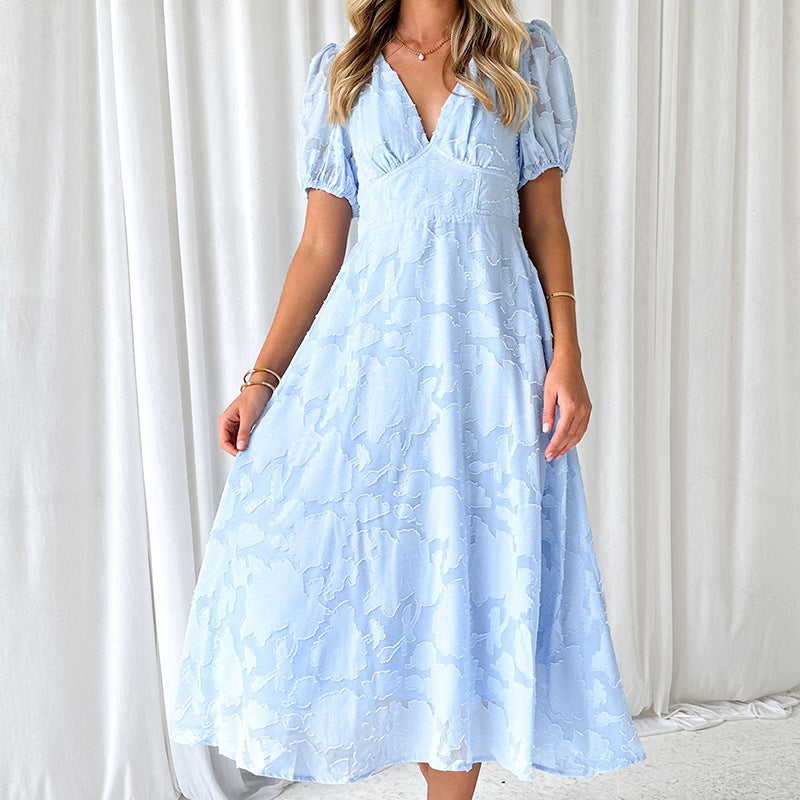 Damen elegantes Maxikleid mit Puffärmeln und V-Ausschnitt Sovae