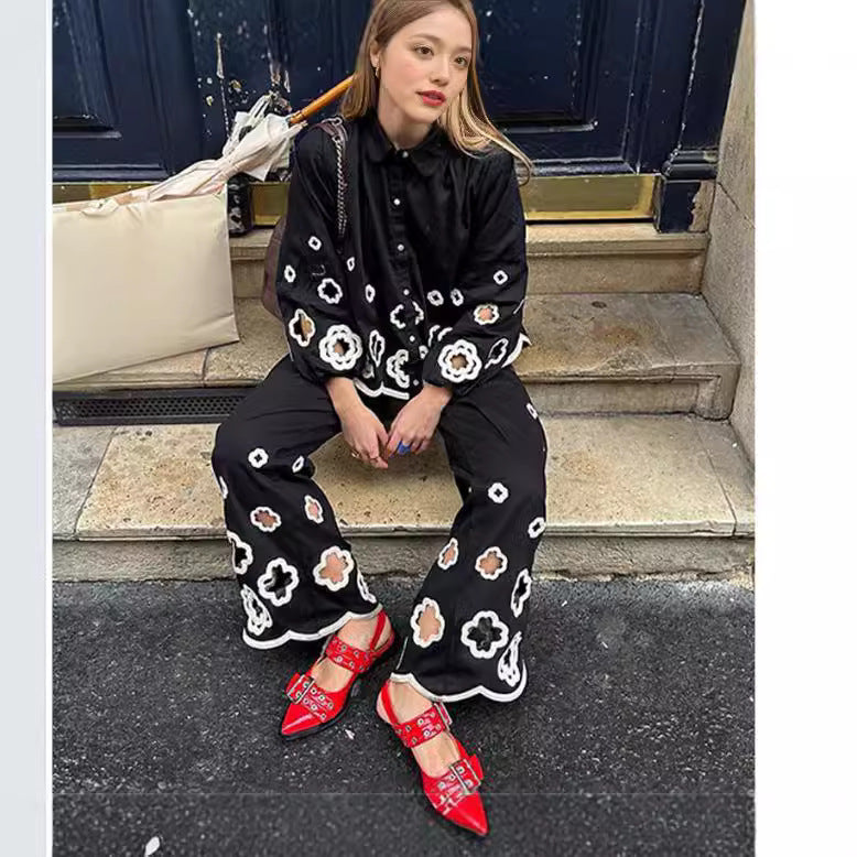 Damen lässiger Stoffanzug mit floralem Applikationsdesign Sovae