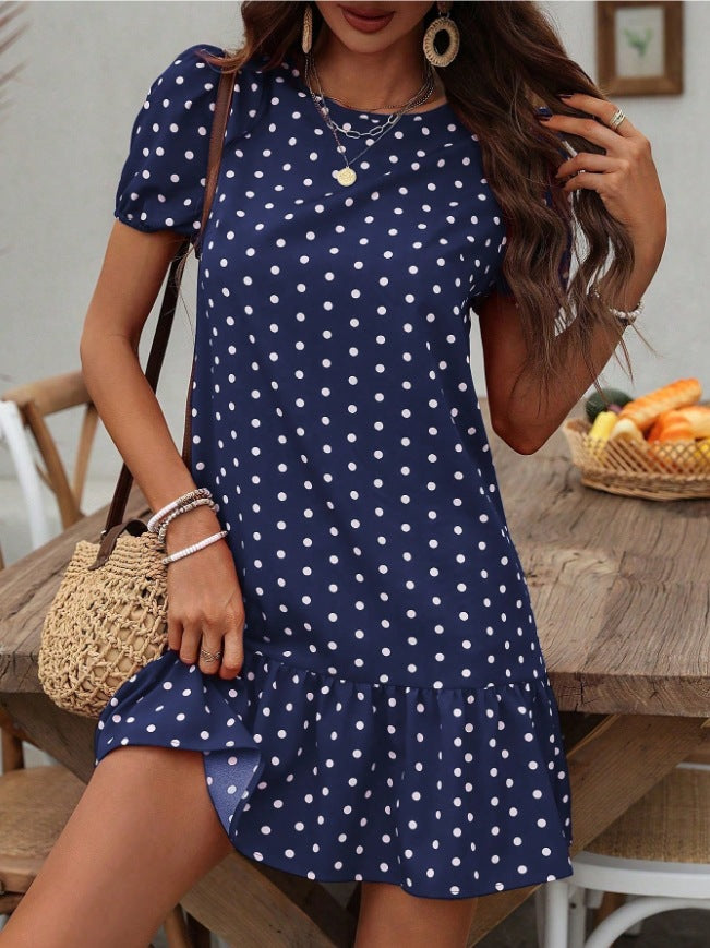 Damen Polka Dots Kleid mit Rüschensaum Sovae