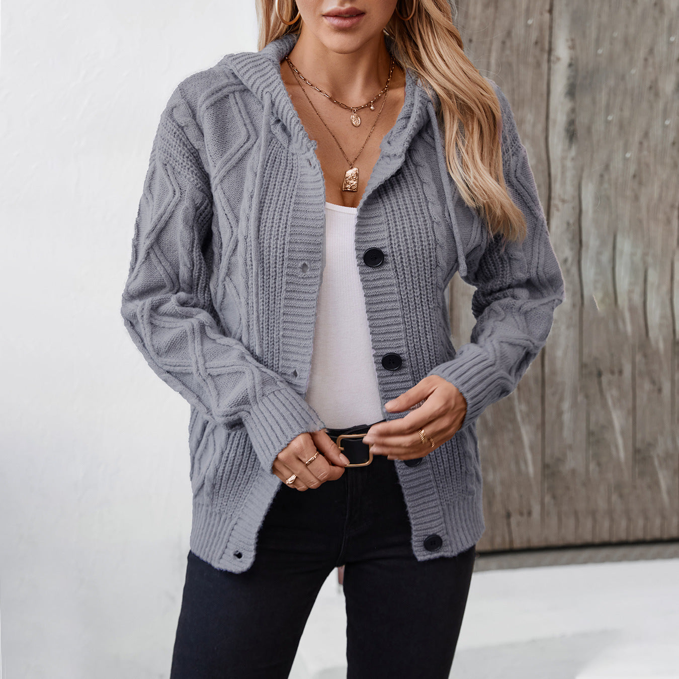 Damen Strickjacke mit Kapuze und strukturiertem Design Sovae