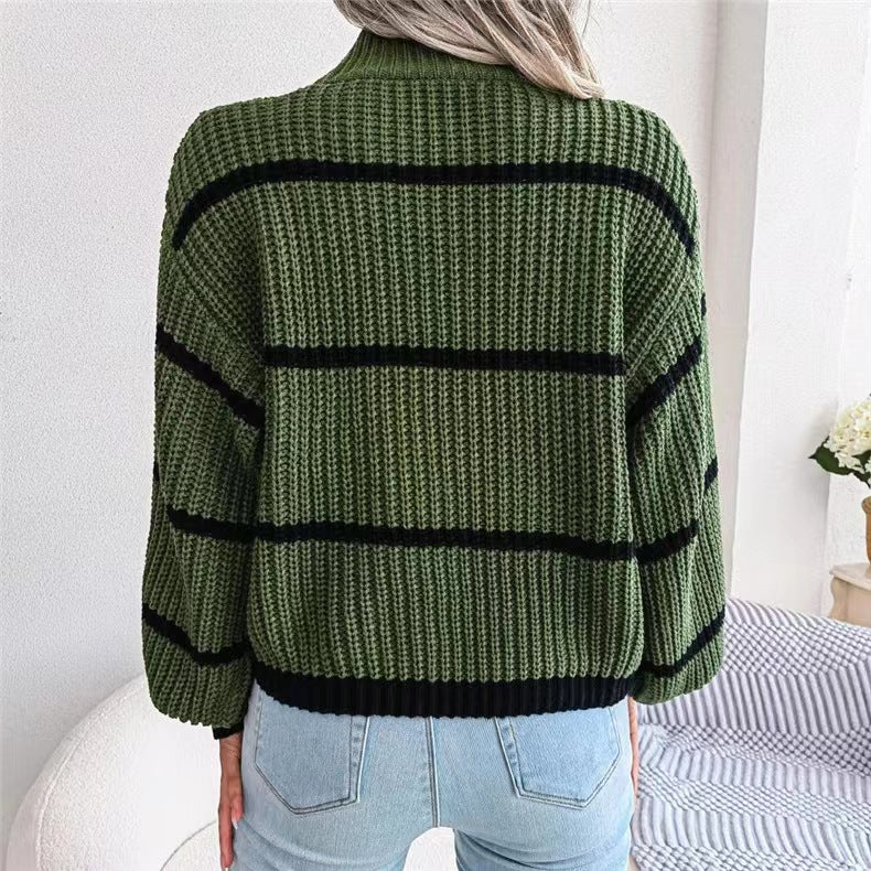 Damen Grobstrickpullover mit hohem Kragen und blockartigen Streifen Sovae