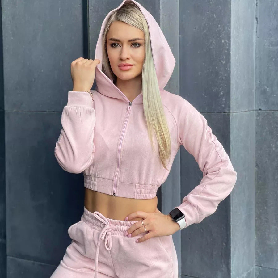 Damen Sportliches Fleece-Cropped-Set mit Kapuze und elastischem Bund Sovae