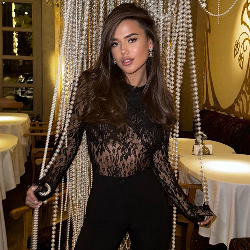 Damen Transparente Spitze Bluse Sovae
