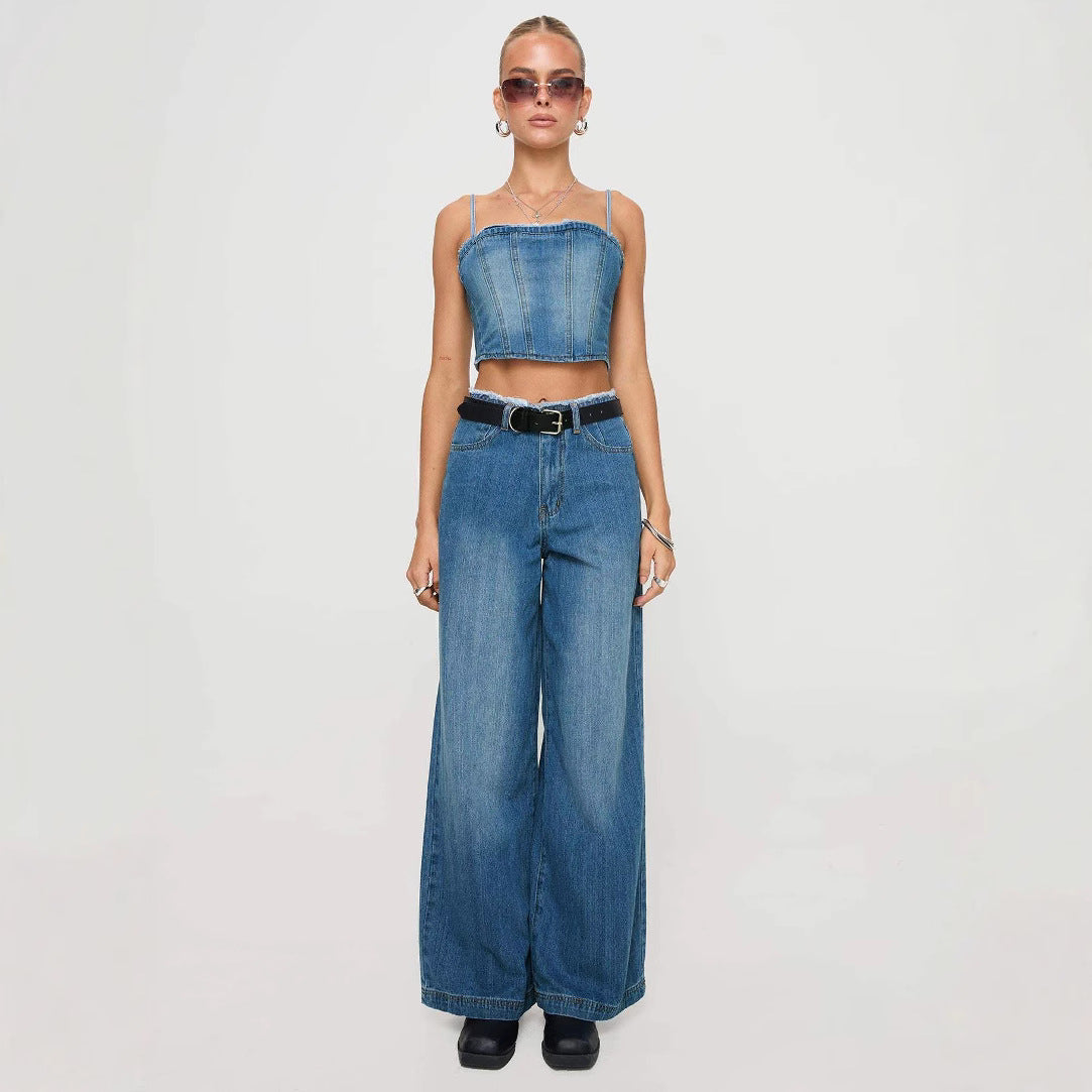 Damen Weit geschnittene High-Waist Jeans mit Fransen Sovae