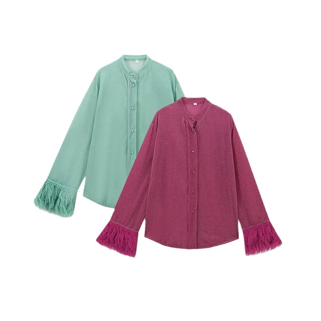 Damen Bluse mit eleganten Trompetenärmeln und luxuriösen Fransen Sovae