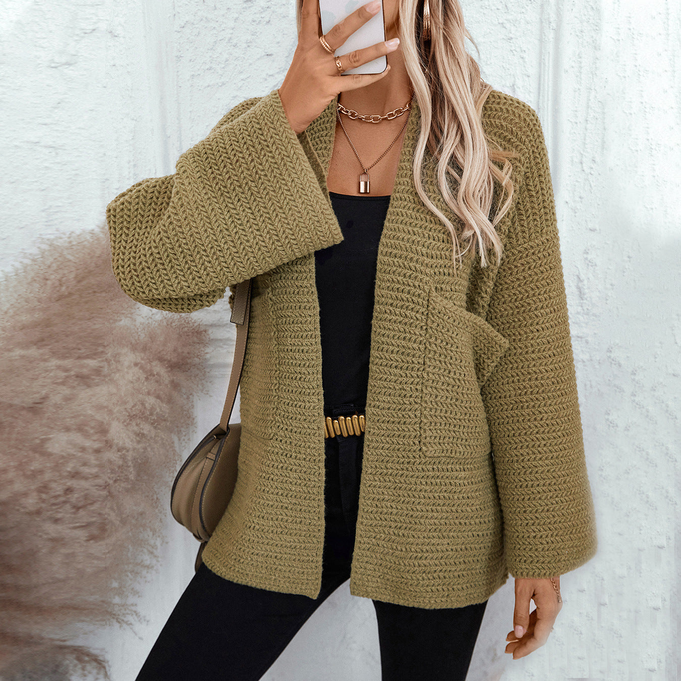 Damen luftige Strickjacke mit großen Taschen und offenen Ärmeln Sovae