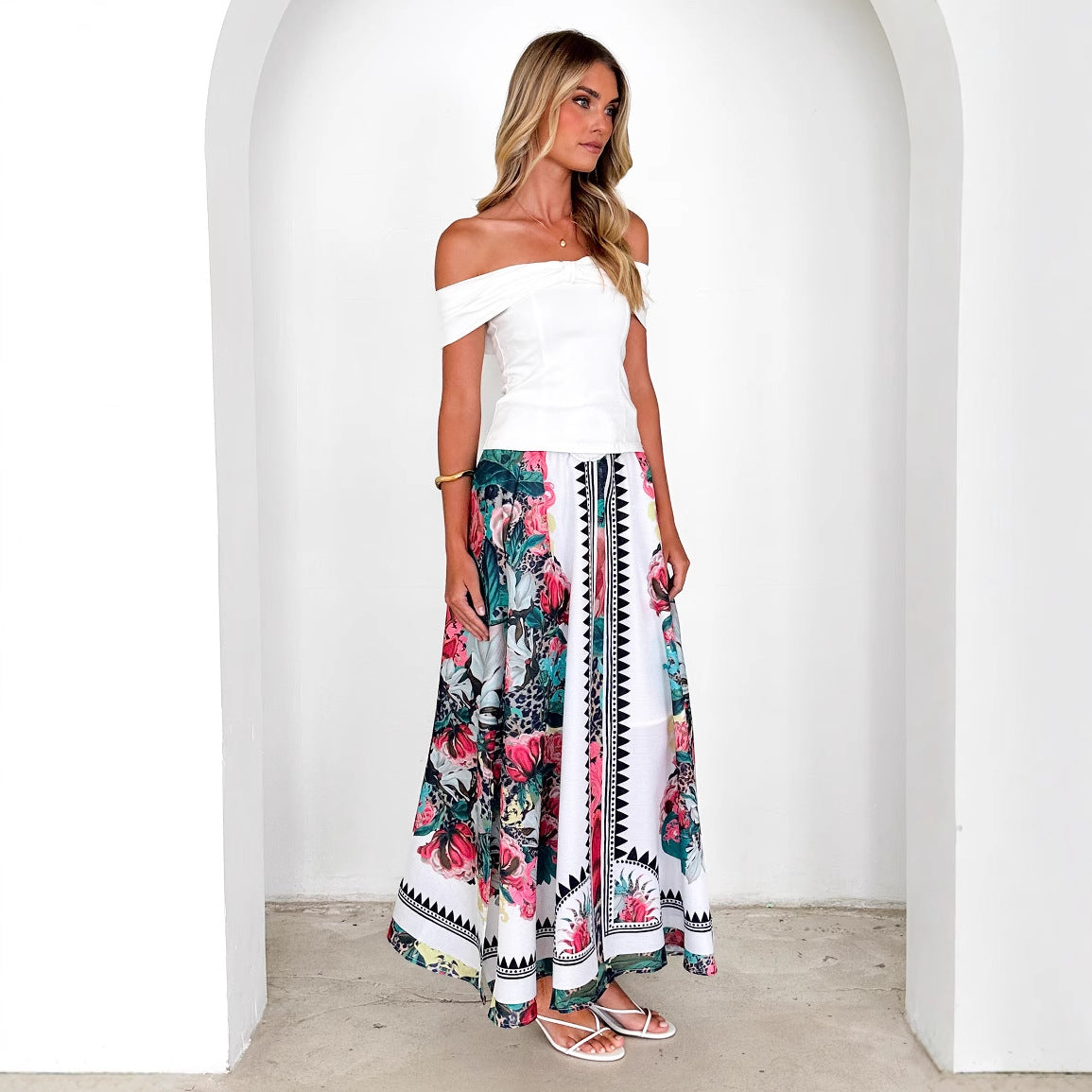 Damen Maxi-Rock mit floralem Muster und Taillengürtel Sovae