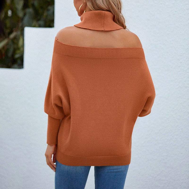 Damen Oversized-Strickpullover mit schulterfreiem Design und hohem Kragen Sovae