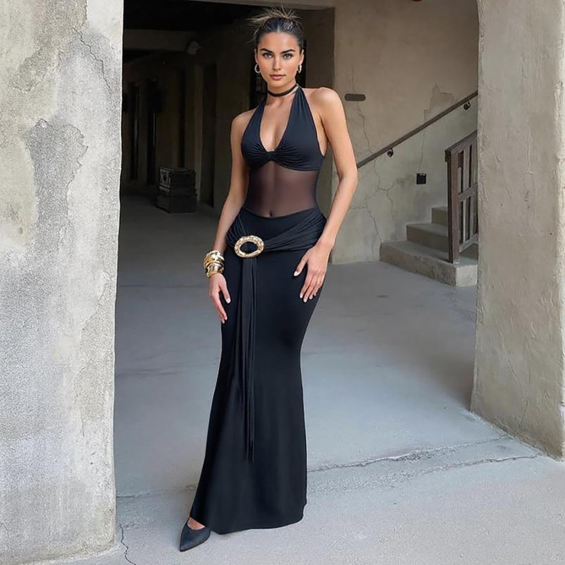 Damen Maxi-Überwurfkleid mit transparentem Material und eleganter Gürtelschnalle Sovae