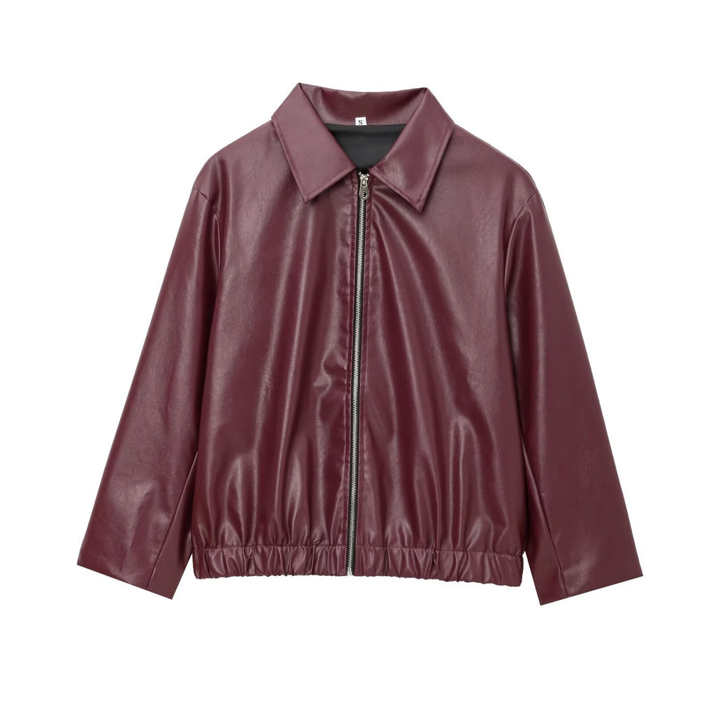Damen modische Kunstlederjacke mit elastischem Bund Sovae