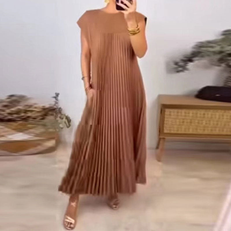 Damen Plissee Maxikleid mit praktischem Taschen und elegantem Schnitt Sovae