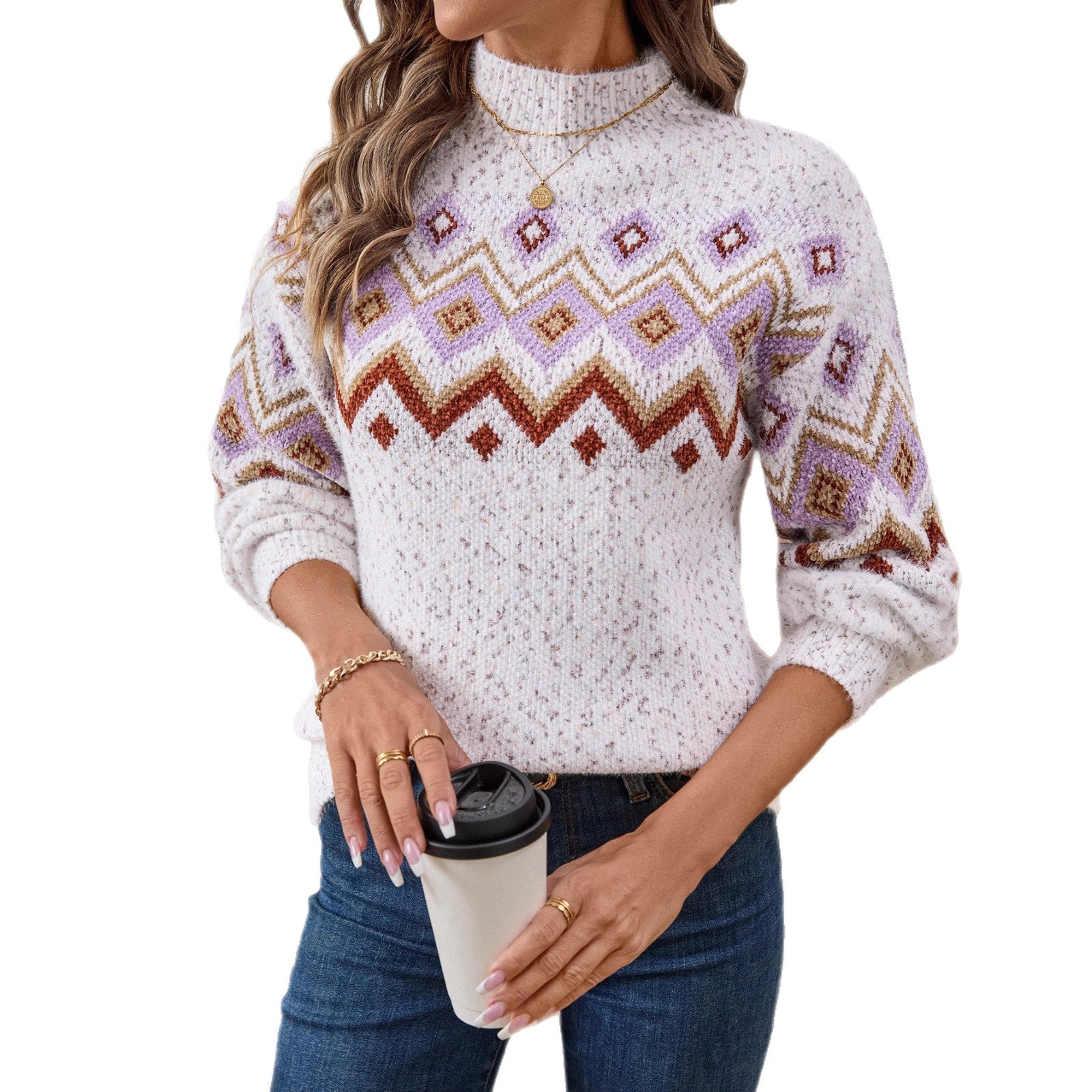 Damen Strickpullover mit modischem Muster und hohem Kragen Sovae