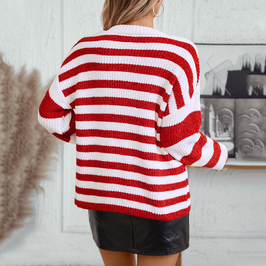 Damen lässiger Streifenpullover mit weichem Strukturstrick Sovae