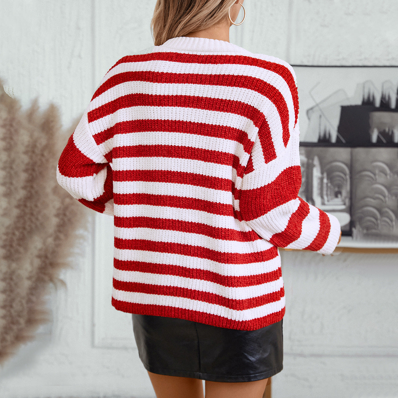 Damen lässiger Streifenpullover mit weichem Strukturstrick Sovae
