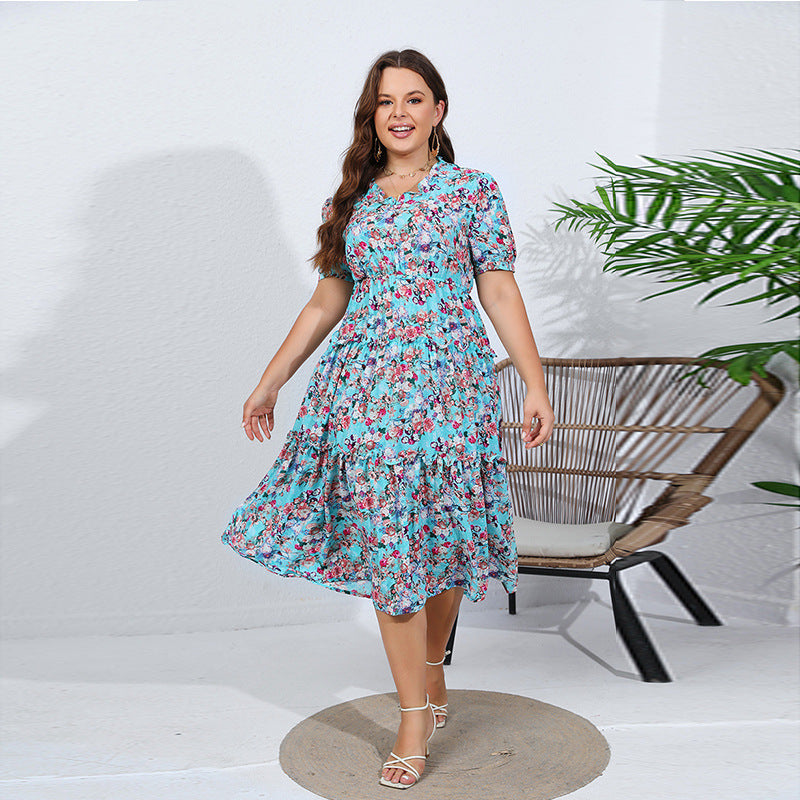 Damen Midikleid mit verspieltem Blütenmuster und voluminösem Rock Sovae