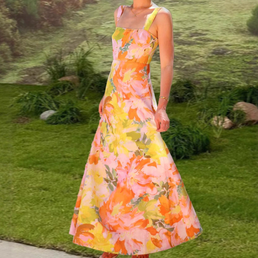 Damen florales Maxikleid mit quadratischem Ausschnitt und breiten Trägern Sovae