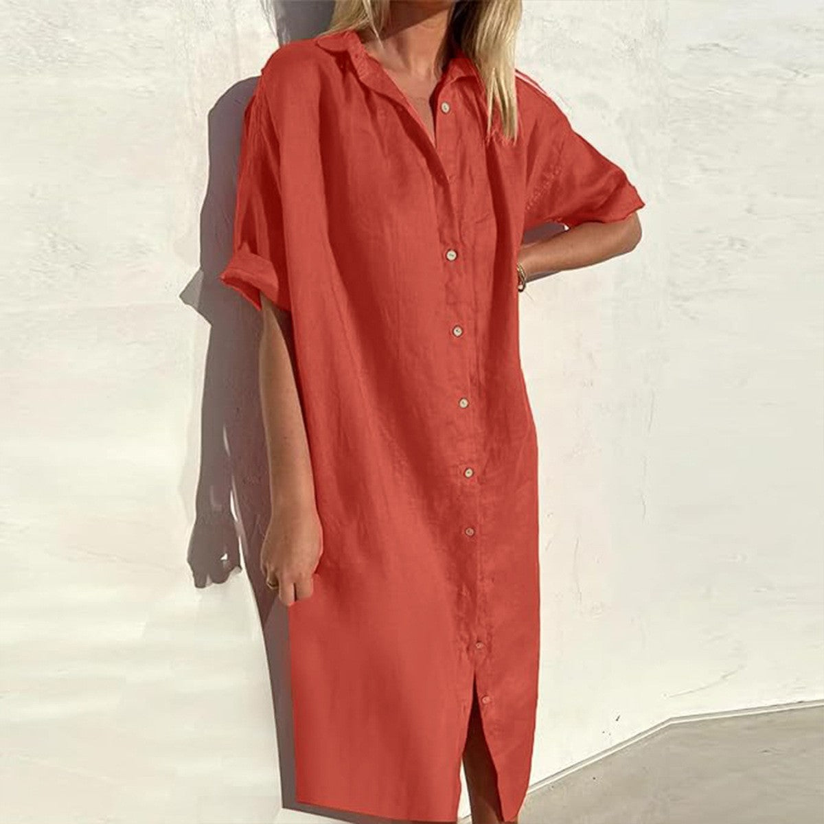 Damen lässiges Hemdkleid aus Leinen Sovae