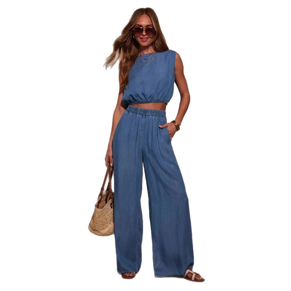 Damen lässiger Denim Jumpsuit mit cropped Oberteil Sovae