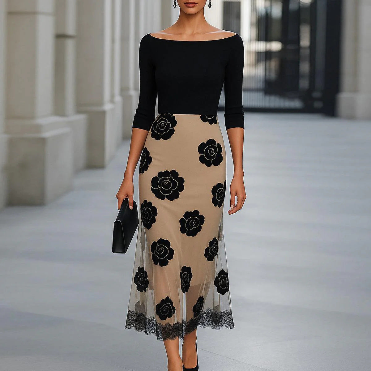 Damen Elegantes Maxikleid mit floralem Spitzenmuster Sovae