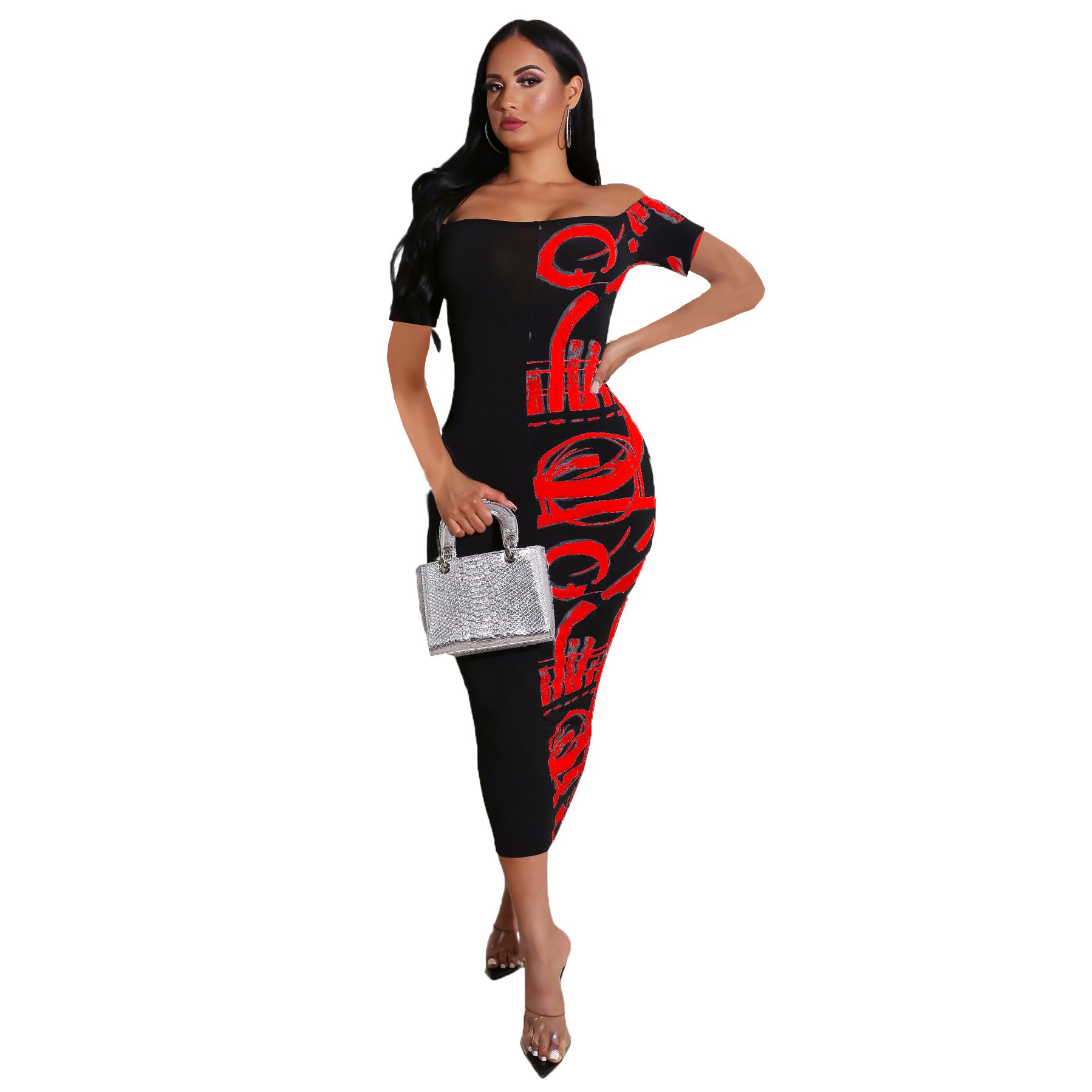 Damen Elegantes Off-Shoulder-Midikleid mit grafischem Druck und taillierter Silhouette Sovae