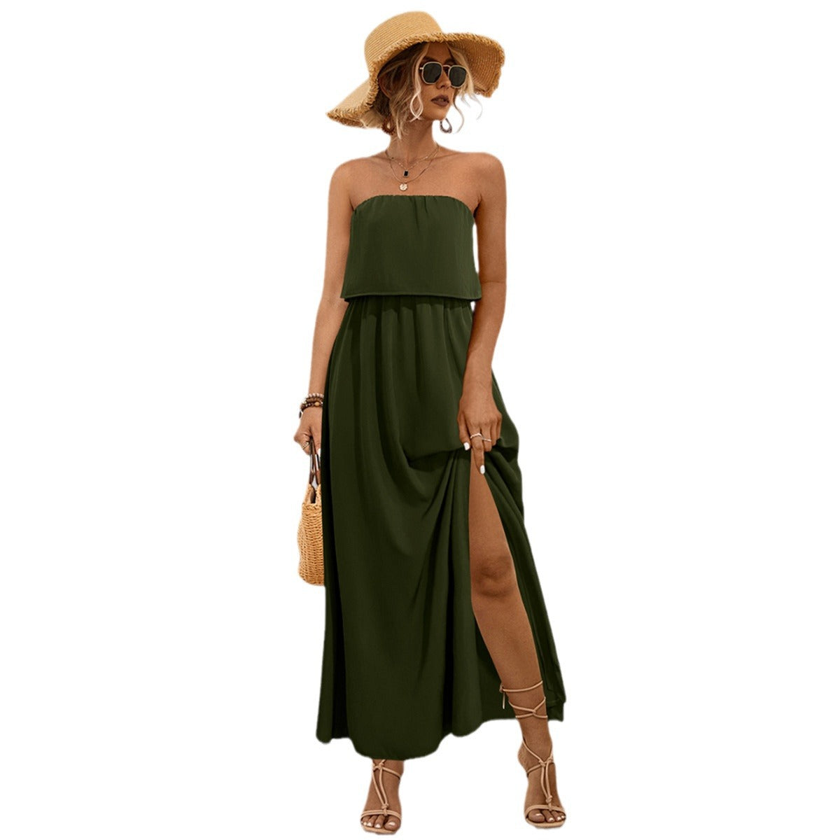 Damen Maxikleid mit trägerlosem Design und seitlichem Schlitz Sovae