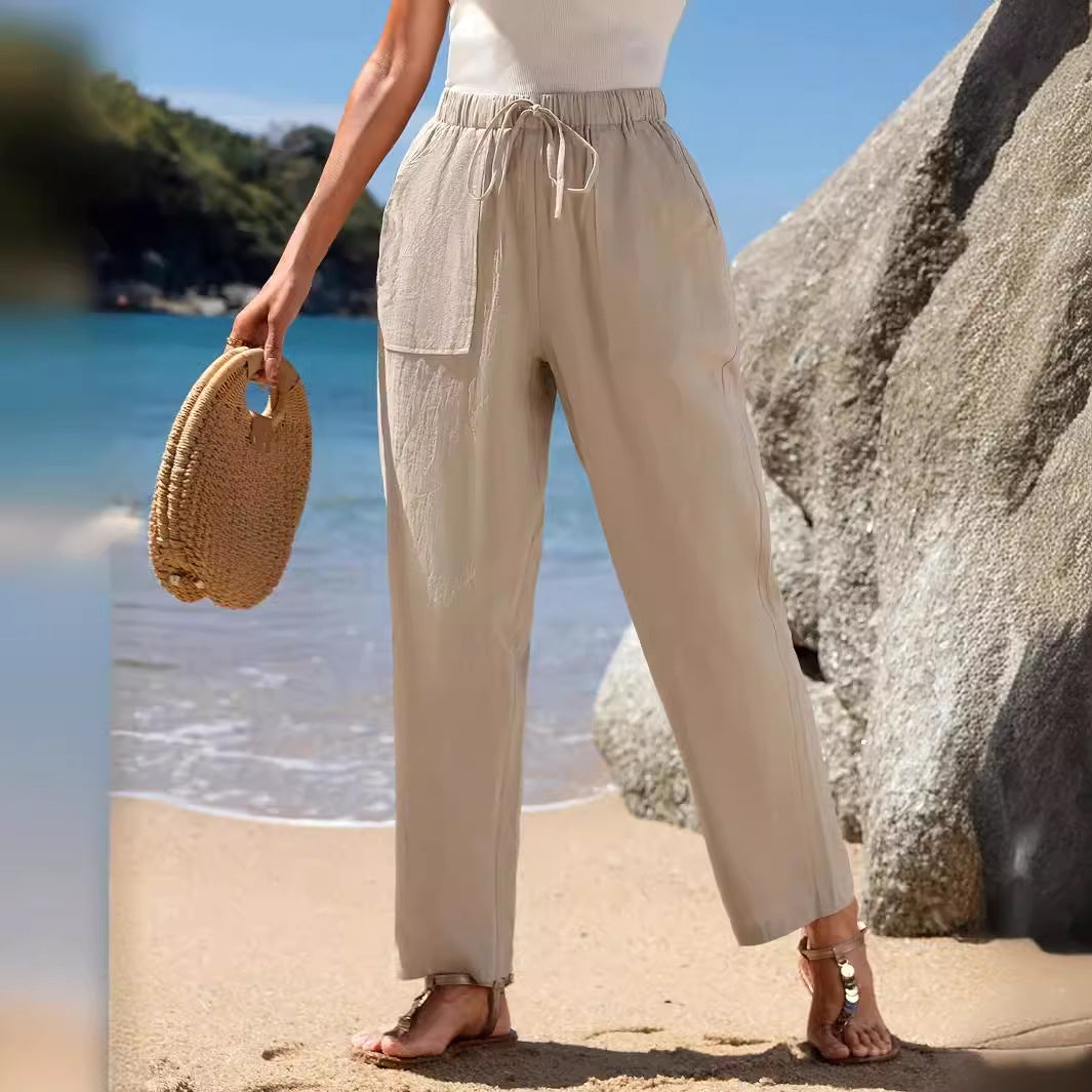 Damen weite Leinenhose mit elastischem Bund und Taschen Sovae