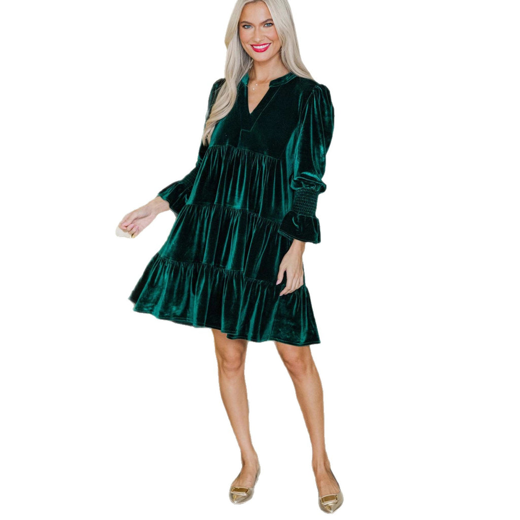Damen Midikleid mit voluminösen Puffärmeln und V-Ausschnitt Sovae