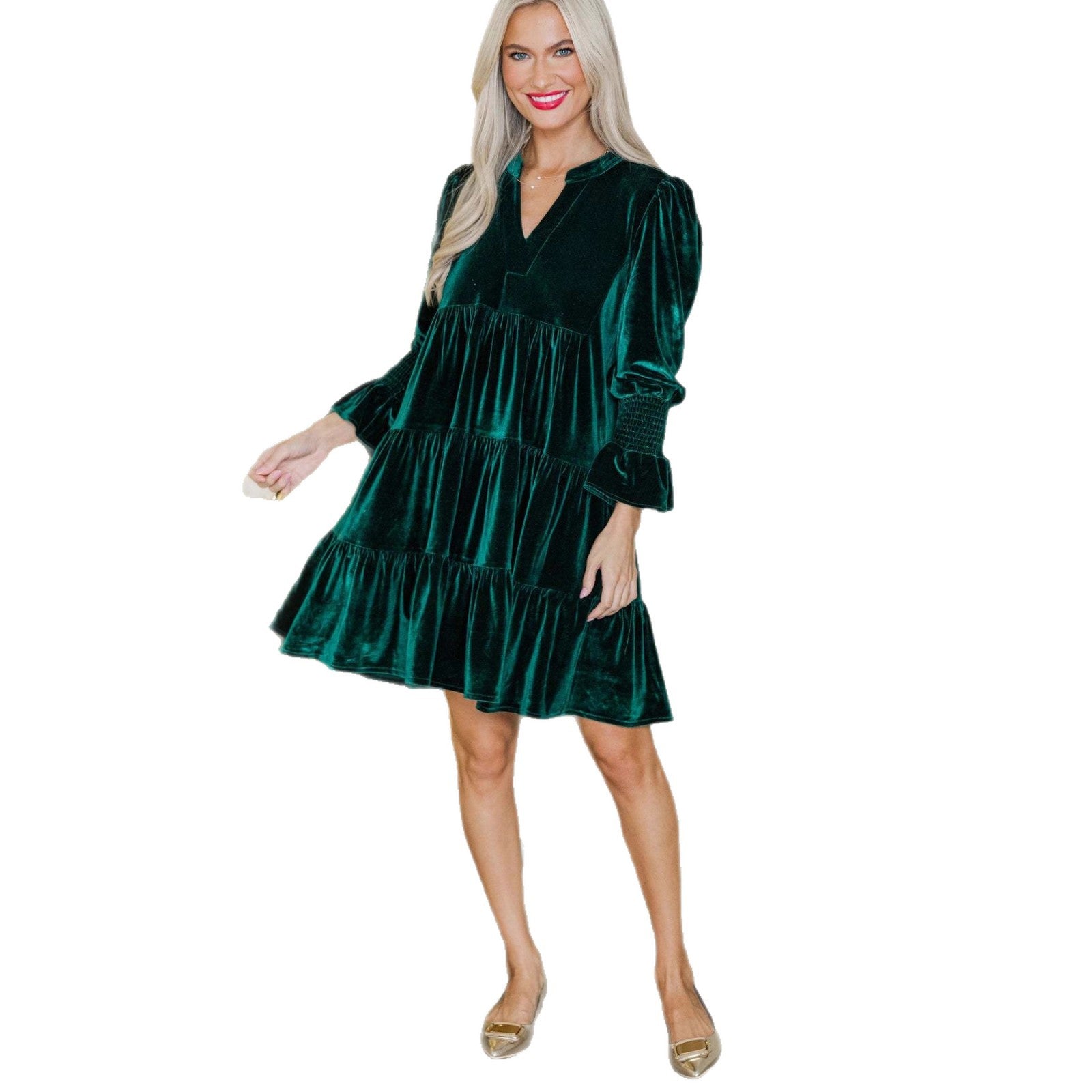 Damen Midikleid mit voluminösen Puffärmeln und V-Ausschnitt Sovae