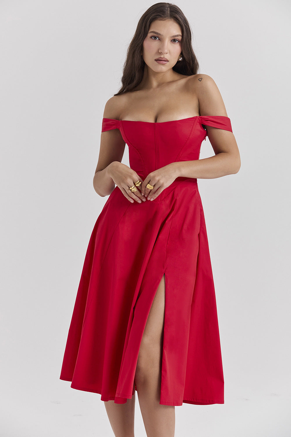 Damen schulterfreies Midikleid mit floralem Design und Eingrifftaschen Sovae