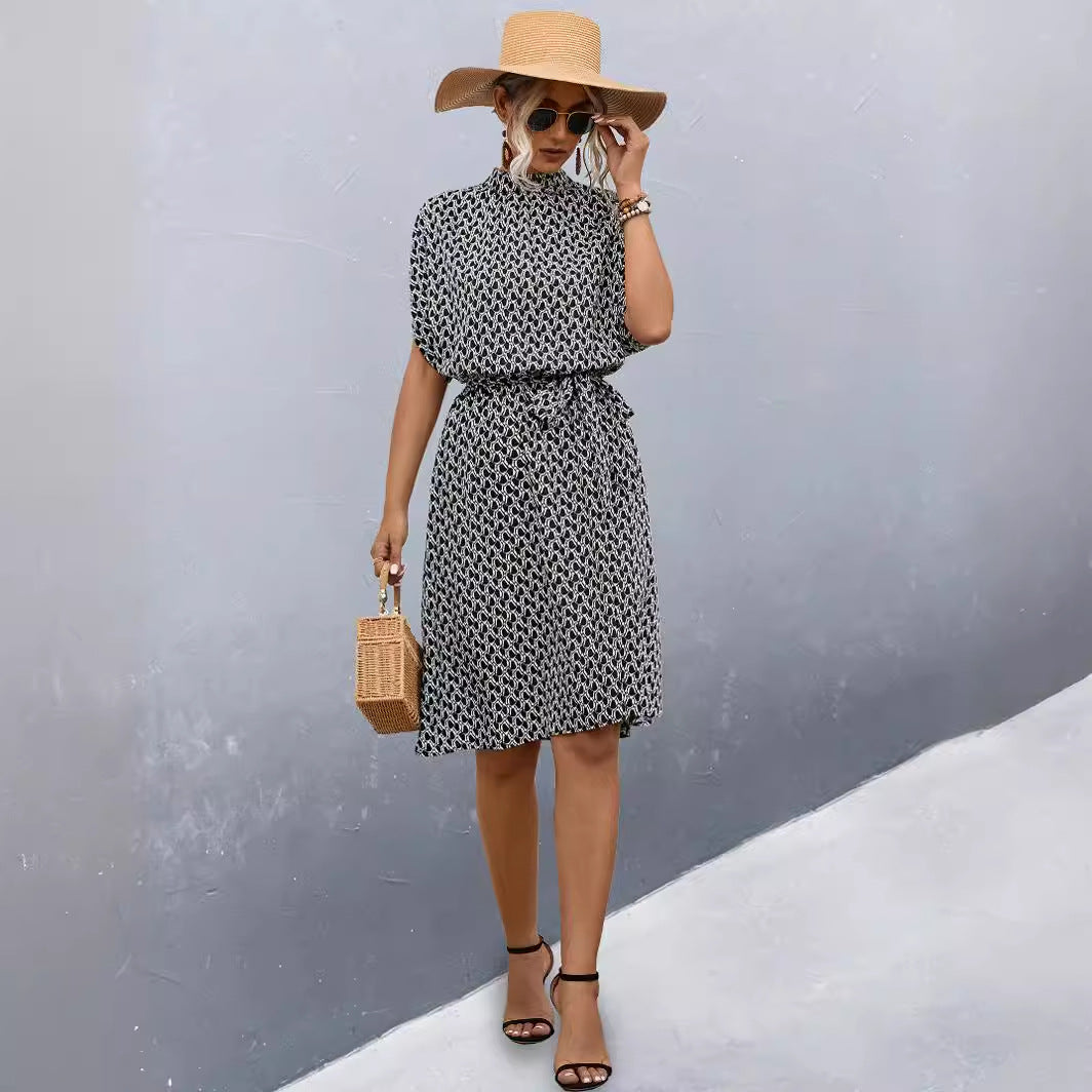 Damen Midikleid mit Gummizug und hochgeschlossenem Kragen Sovae
