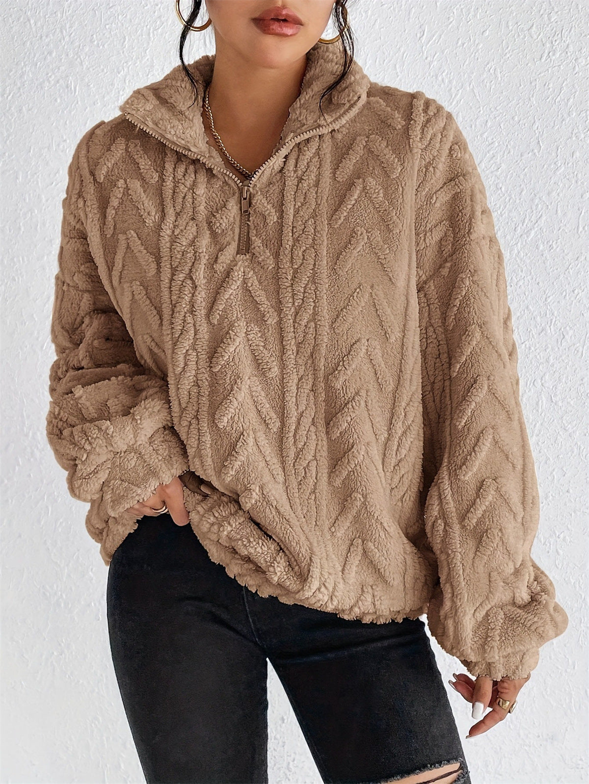 Damen gemütlicher Fleece-Pullover mit halbem Reißverschluss und strukturiertem Muster Sovae