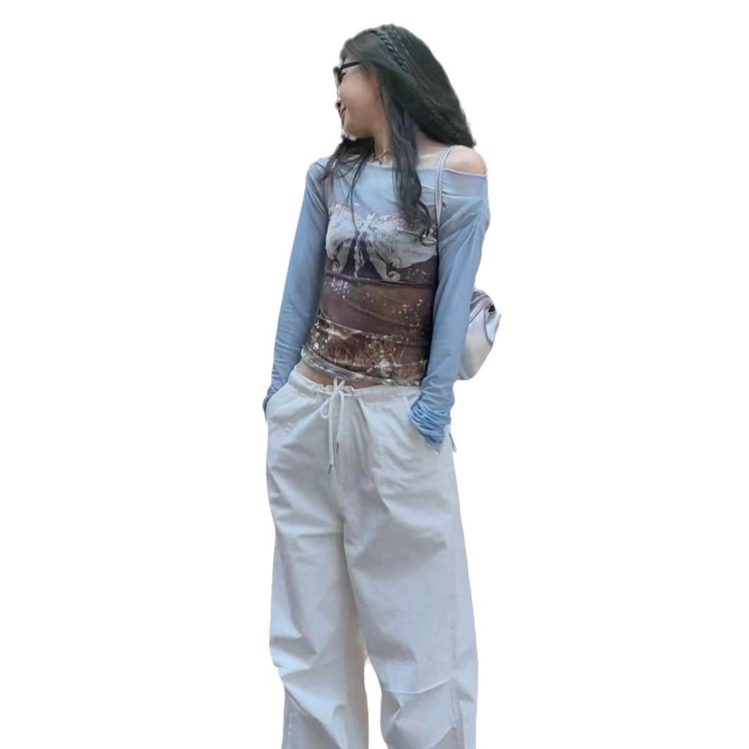 Damen Off-Shoulder Langarmshirt mit kreativem Druck Sovae